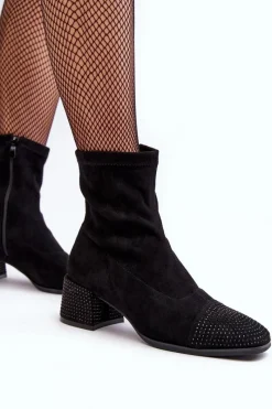 Botki Damskie Na Niskim Obcasie Ze Zdobieniem Czarne Vissias Damskie Botki Na Słupku|Czarne Botki