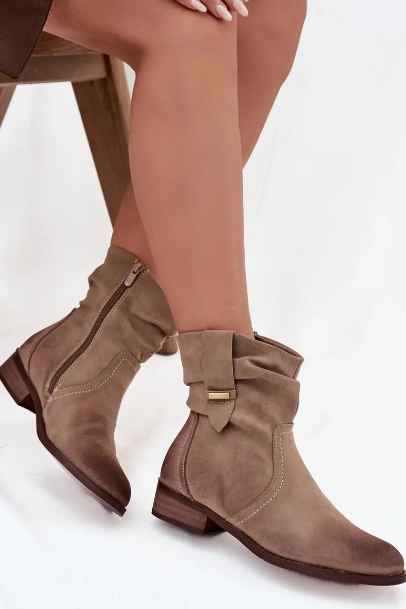 Botki Damskie Na Niskim Obcasie Z Marszczeniem Ocieplane Khaki Gracia Damskie Botki Ocieplane|Botki Na Obcasie