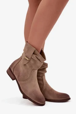 Botki Damskie Na Niskim Obcasie Z Marszczeniem Ocieplane Khaki Gracia Damskie Botki Ocieplane|Botki Na Obcasie