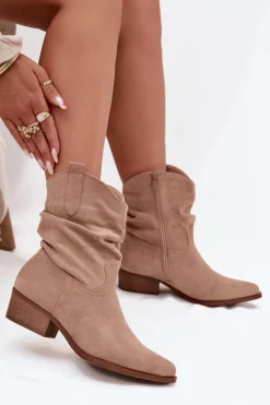 Discount Boto Botki Damskie Na Niskim Obcasie Z Marszczeniem Beżowe Adena