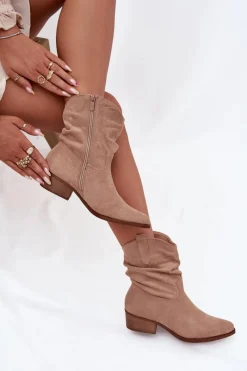 Discount Boto Botki Damskie Na Niskim Obcasie Z Marszczeniem Beżowe Adena