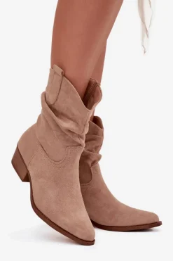 Discount Boto Botki Damskie Na Niskim Obcasie Z Marszczeniem Beżowe Adena