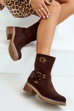 New Boto Botki Damskie Na Niskim Obcasie Z Klamrami Brązowe Zudra Brązowy