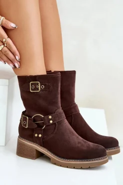 New Boto Botki Damskie Na Niskim Obcasie Z Klamrami Brązowe Zudra Brązowy