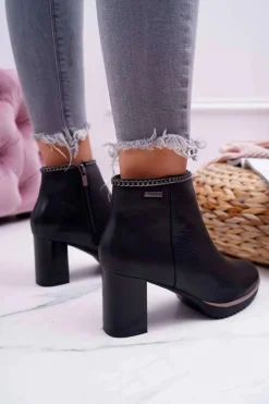 New Botki Damskie Na Obcasie Skóra Big Star Czarne BB274618 Damskie Botki Na Słupku|Botki Zimowe Damskie