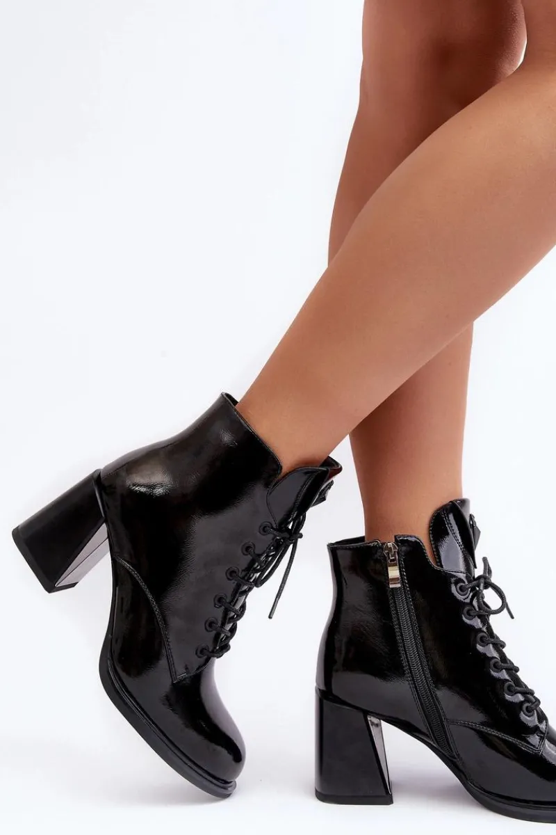 Botki Na Słupku|Czarne Botki>Damskie buty S.Barski Botki Damskie Na Obcasie Sznurowane D&A CR8163 Czarne