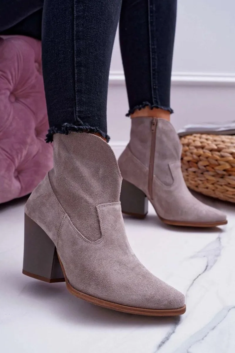 Best Botki Damskie Na Obcasie Skóra Zamsz Jasne Cappuccino Nicole 2433 Damskie Botki Na Słupku|Brązowe I Beżowe Botki