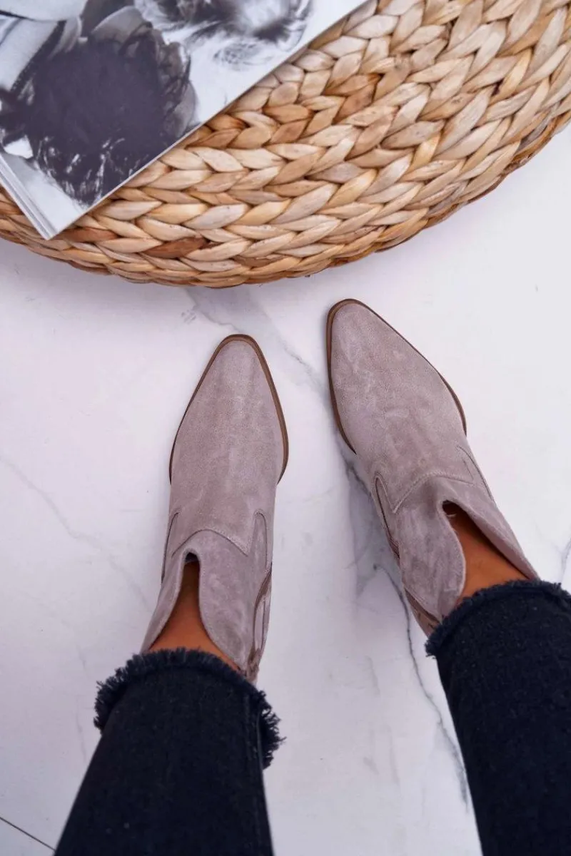 Best Botki Damskie Na Obcasie Skóra Zamsz Jasne Cappuccino Nicole 2433 Damskie Botki Na Słupku|Brązowe I Beżowe Botki