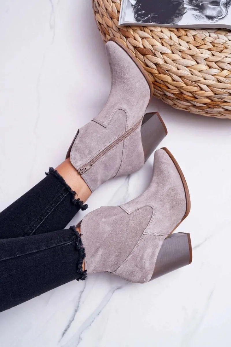 Best Botki Damskie Na Obcasie Skóra Zamsz Jasne Cappuccino Nicole 2433 Damskie Botki Na Słupku|Brązowe I Beżowe Botki