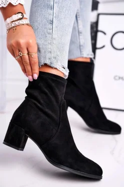 Hot Botki Damskie Na Obcasie Sergio Leone Czarne BT151 Damskie Botki Wiosenne|Botki Na Słupku