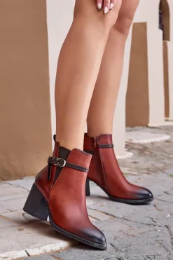 Botki Ocieplane|Botki Na Obcasie>Boto Botki Damskie Na Obcasie Słupku Ocieplane Z Paskiem Brązowe Zinithia Brązowy