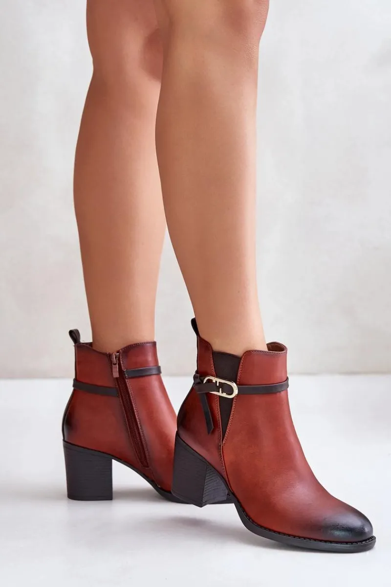 Botki Ocieplane|Botki Na Obcasie>Boto Botki Damskie Na Obcasie Słupku Ocieplane Z Paskiem Brązowe Zinithia Brązowy