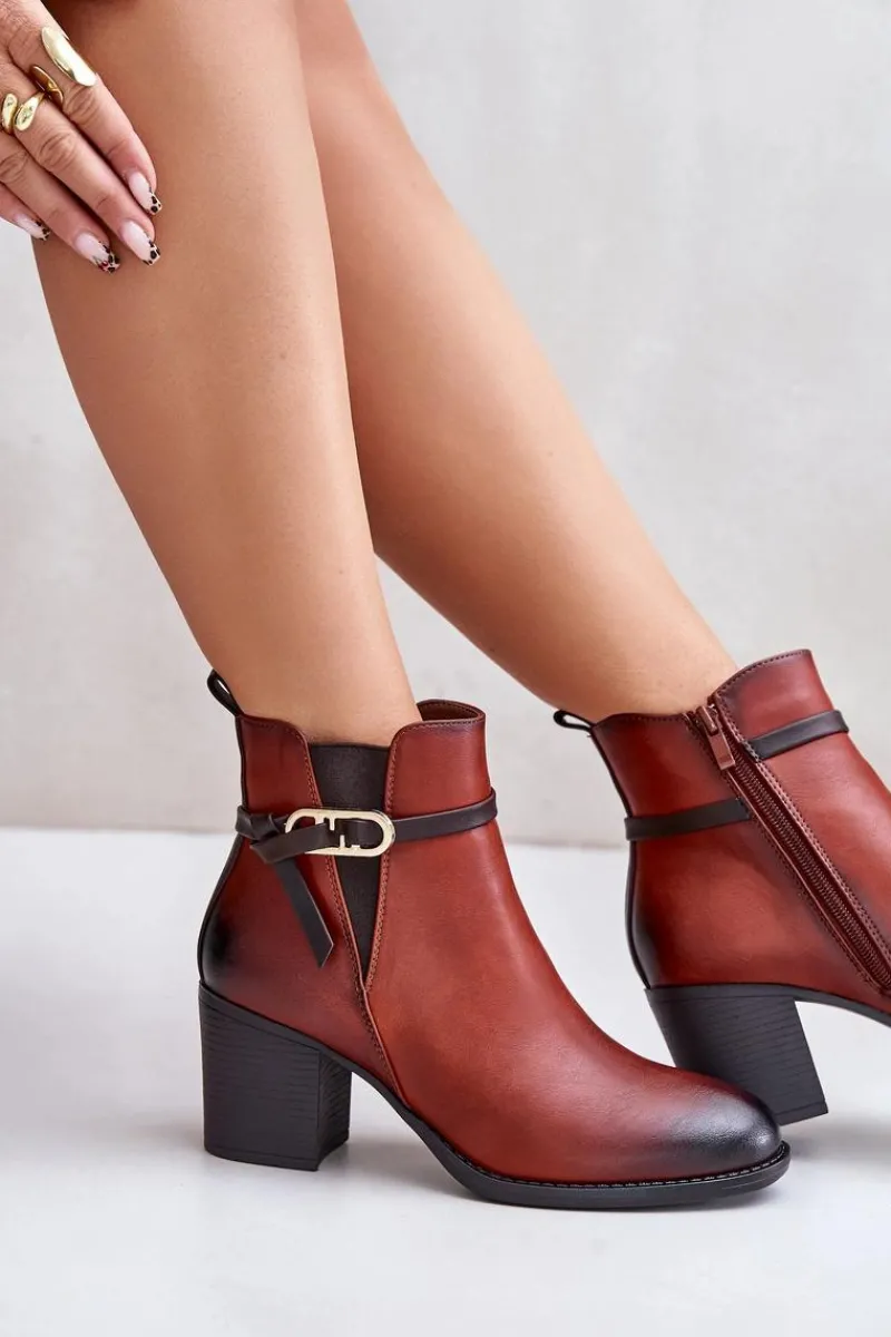 Botki Ocieplane|Botki Na Obcasie>Boto Botki Damskie Na Obcasie Słupku Ocieplane Z Paskiem Brązowe Zinithia Brązowy