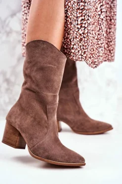 Botki Na Słupku|Brązowe I Beżowe Botki>Boto Botki Damskie Na Obcasie Skóra Nubuk Cappuccino Nicole 2580