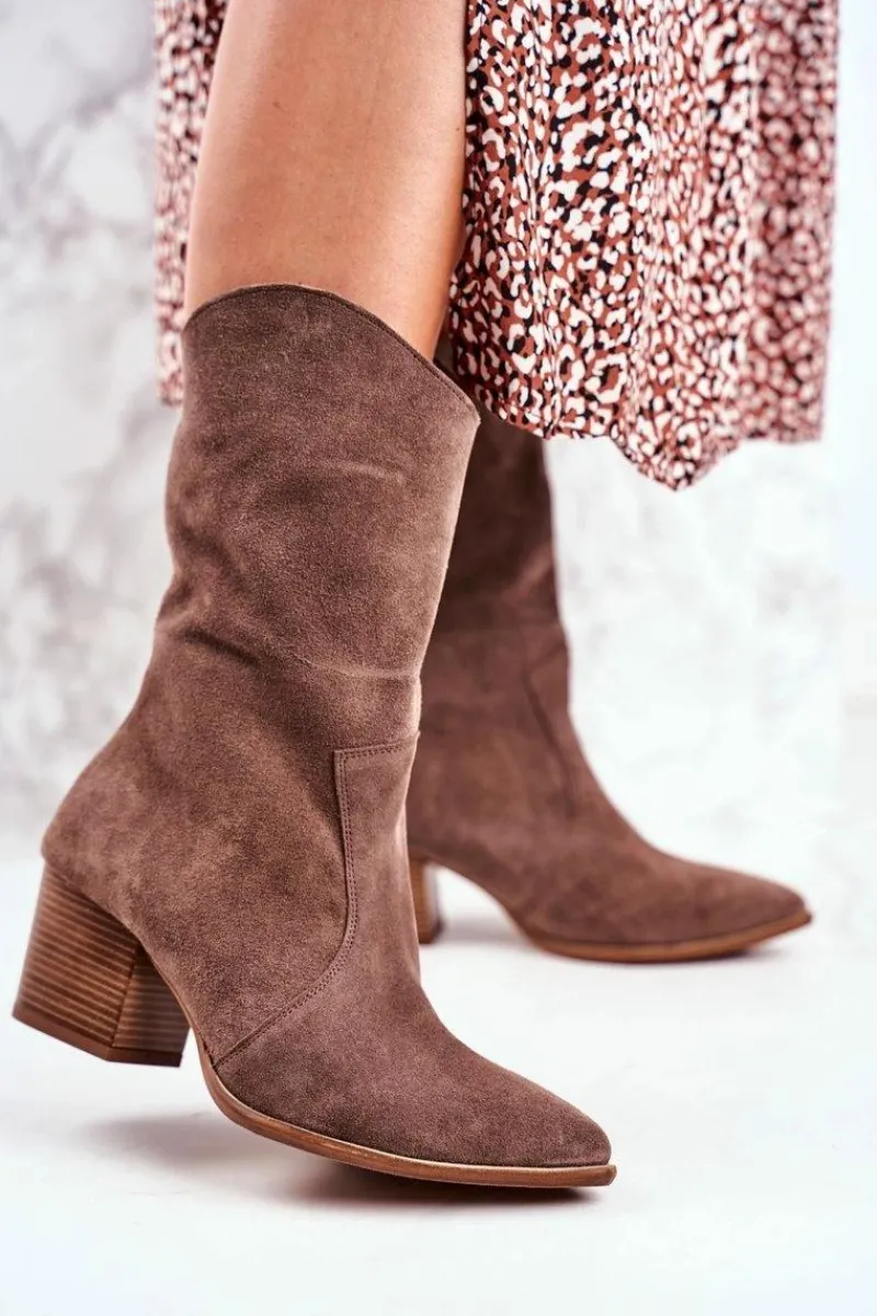 Botki Na Słupku|Brązowe I Beżowe Botki>Boto Botki Damskie Na Obcasie Skóra Nubuk Cappuccino Nicole 2580