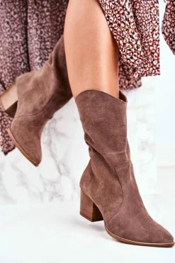 Botki Na Słupku|Brązowe I Beżowe Botki>Boto Botki Damskie Na Obcasie Skóra Nubuk Cappuccino Nicole 2580