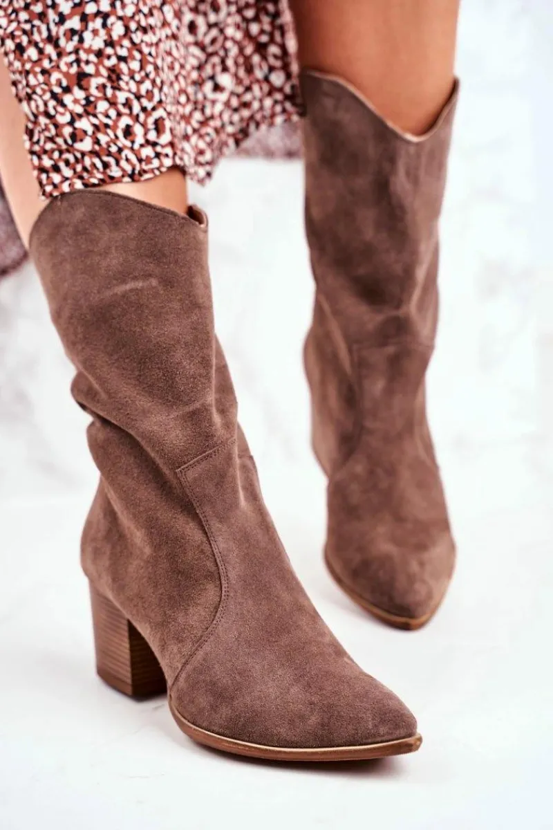 Botki Na Słupku|Brązowe I Beżowe Botki>Boto Botki Damskie Na Obcasie Skóra Nubuk Cappuccino Nicole 2580