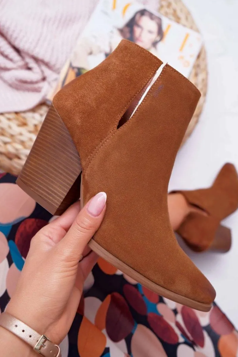 Botki Wiosenne|Botki Na Słupku>Boto Botki Damskie Na Obcasie Wiosenne Skóra Zamsz Brązowe Nicole 2430