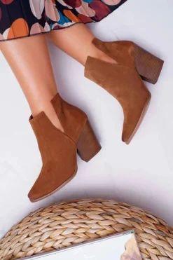 Botki Wiosenne|Botki Na Słupku>Boto Botki Damskie Na Obcasie Wiosenne Skóra Zamsz Brązowe Nicole 2430