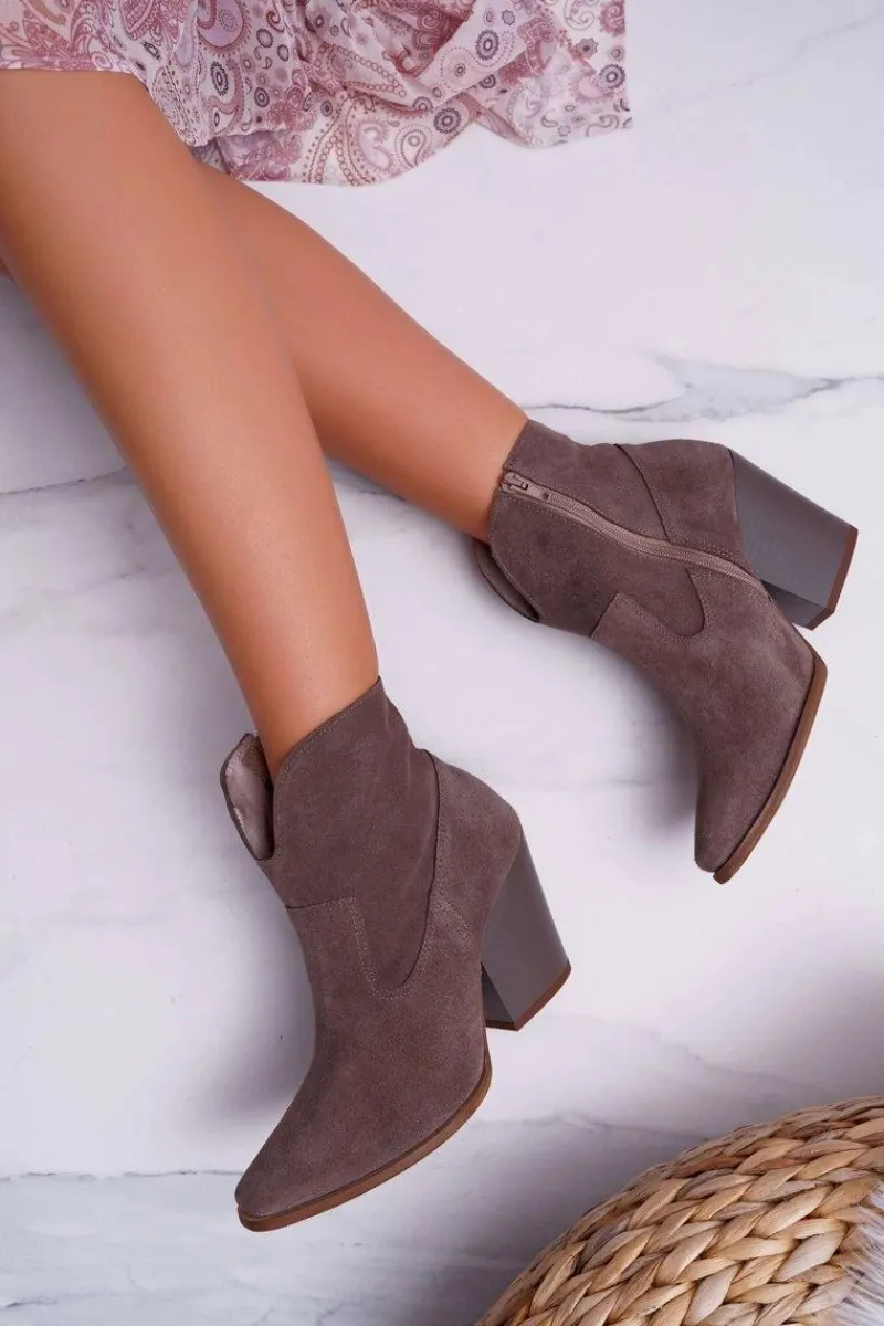 New Botki Damskie Na Obcasie Skóra Zamsz Cappuccino Nicole 2433 Damskie Botki Na Słupku|Brązowe I Beżowe Botki