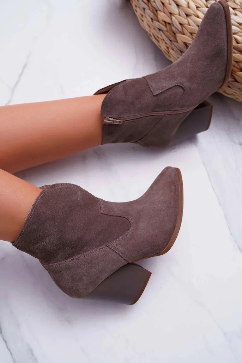 New Botki Damskie Na Obcasie Skóra Zamsz Cappuccino Nicole 2433 Damskie Botki Na Słupku|Brązowe I Beżowe Botki