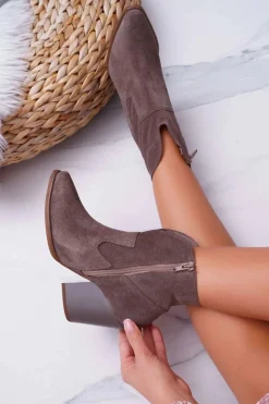 New Botki Damskie Na Obcasie Skóra Zamsz Cappuccino Nicole 2433 Damskie Botki Na Słupku|Brązowe I Beżowe Botki