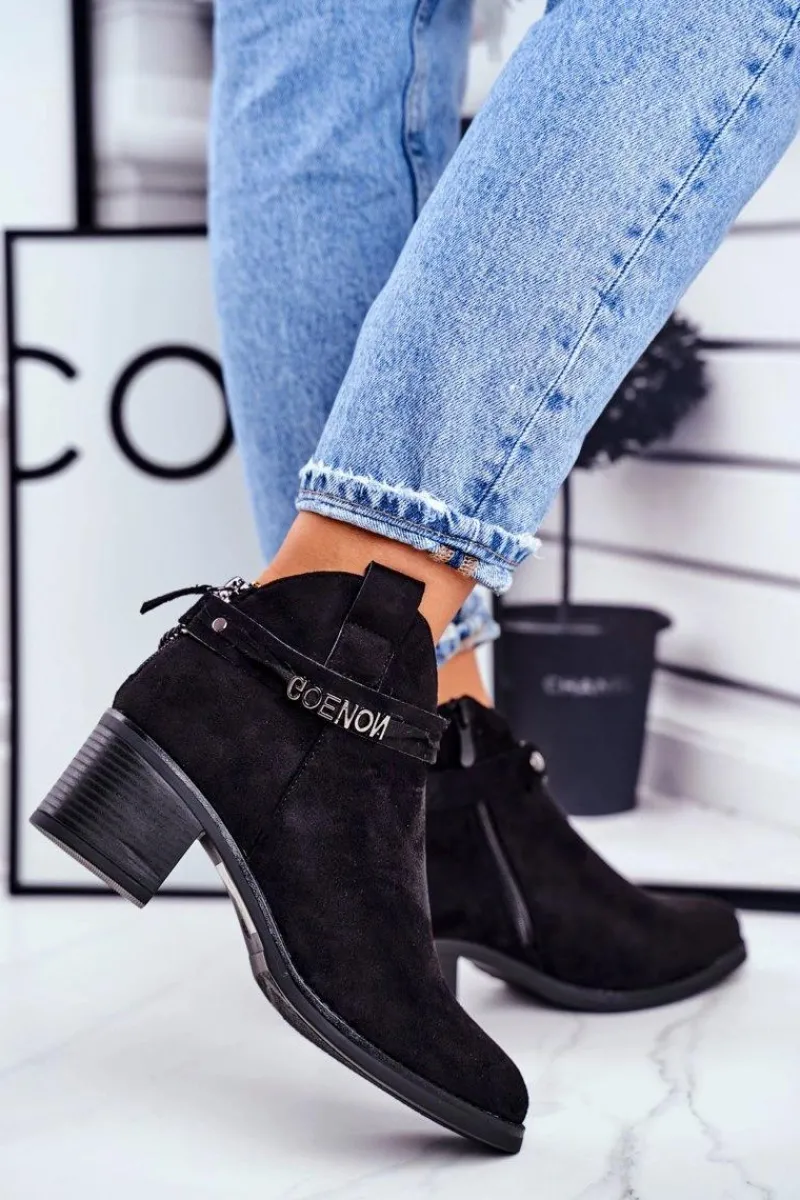 Outlet Botki Damskie Na Obcasie Ocieplane Czarne Fevim Damskie Botki Na Słupku|Czarne Botki