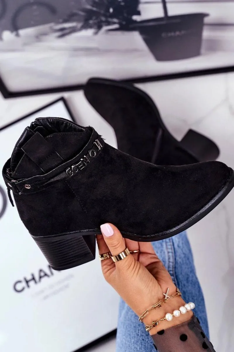 Outlet Botki Damskie Na Obcasie Ocieplane Czarne Fevim Damskie Botki Na Słupku|Czarne Botki