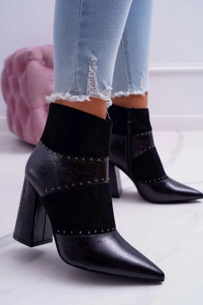 Botki Na Słupku|Botki Zimowe Damskie>Boto Botki Damskie Na Obcasie Z Nitami W Szpic RB21P Czarne Yango