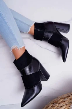 Botki Na Słupku|Botki Zimowe Damskie>Boto Botki Damskie Na Obcasie Z Nitami W Szpic RB21P Czarne Yango