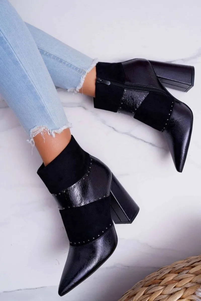 Botki Na Słupku|Botki Zimowe Damskie>Boto Botki Damskie Na Obcasie Z Nitami W Szpic RB21P Czarne Yango