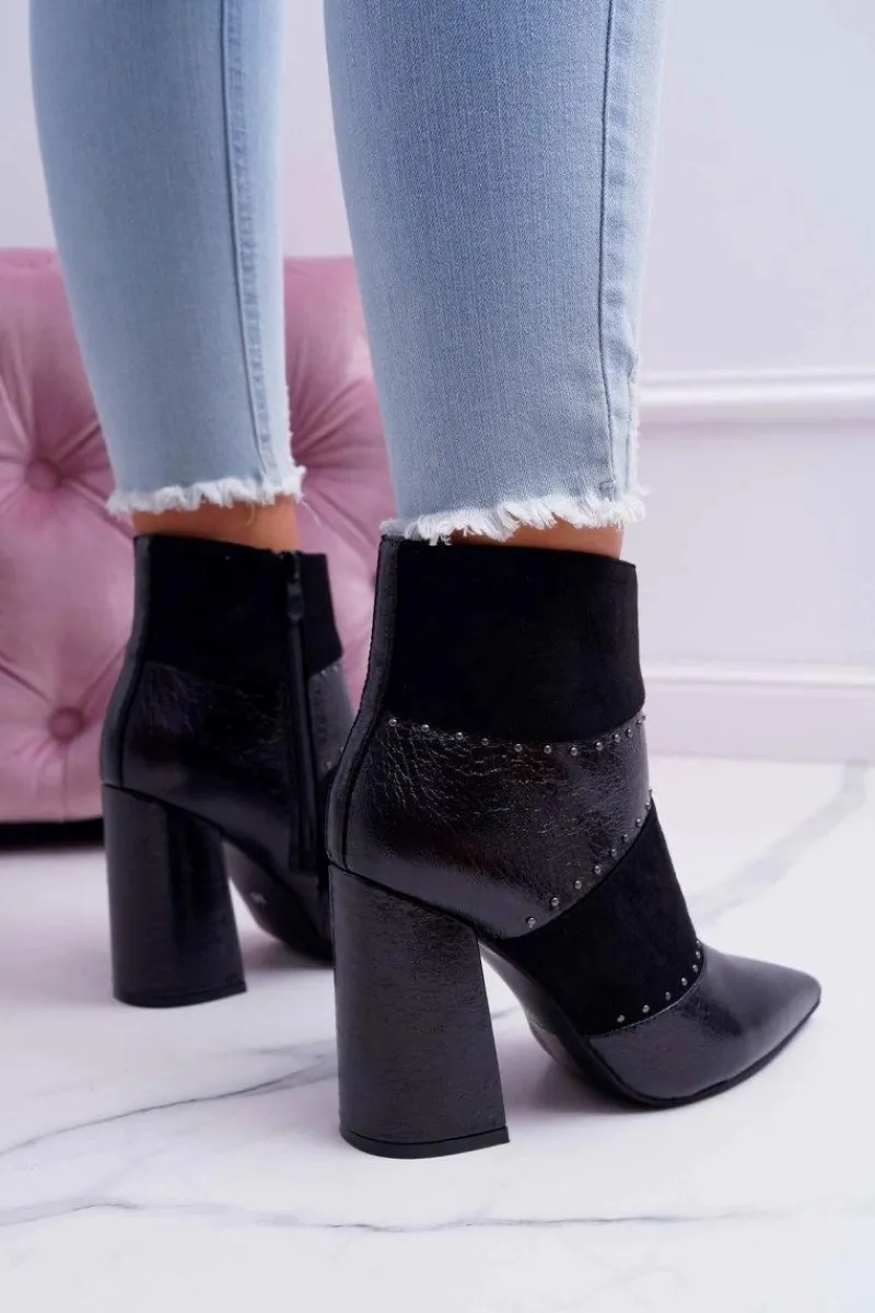 Botki Na Słupku|Botki Zimowe Damskie>Boto Botki Damskie Na Obcasie Z Nitami W Szpic RB21P Czarne Yango