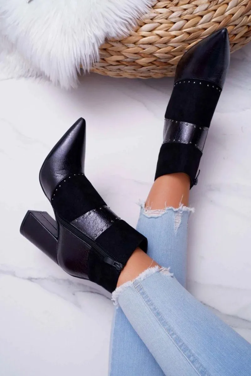 Botki Na Słupku|Botki Zimowe Damskie>Boto Botki Damskie Na Obcasie Z Nitami W Szpic RB21P Czarne Yango