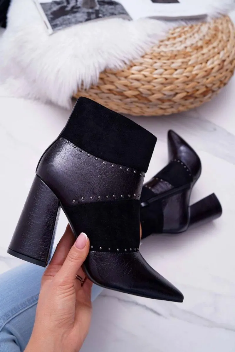 Botki Na Słupku|Botki Zimowe Damskie>Boto Botki Damskie Na Obcasie Z Nitami W Szpic RB21P Czarne Yango