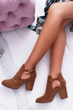 Online Botki Damskie Na Obcasie Wiosenne Ażurowe Camel GoodDay Damskie Botki Wiosenne|Botki Na Słupku