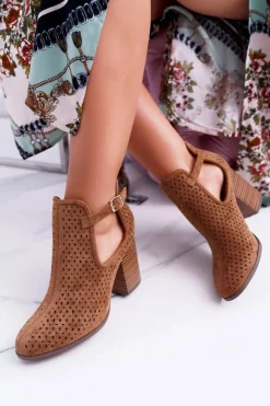 Online Botki Damskie Na Obcasie Wiosenne Ażurowe Camel GoodDay Damskie Botki Wiosenne|Botki Na Słupku
