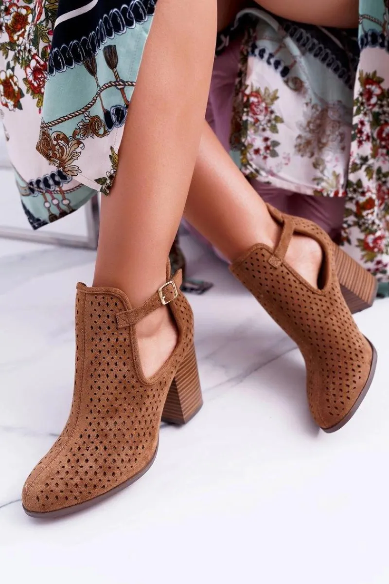 Online Botki Damskie Na Obcasie Wiosenne Ażurowe Camel GoodDay Damskie Botki Wiosenne|Botki Na Słupku