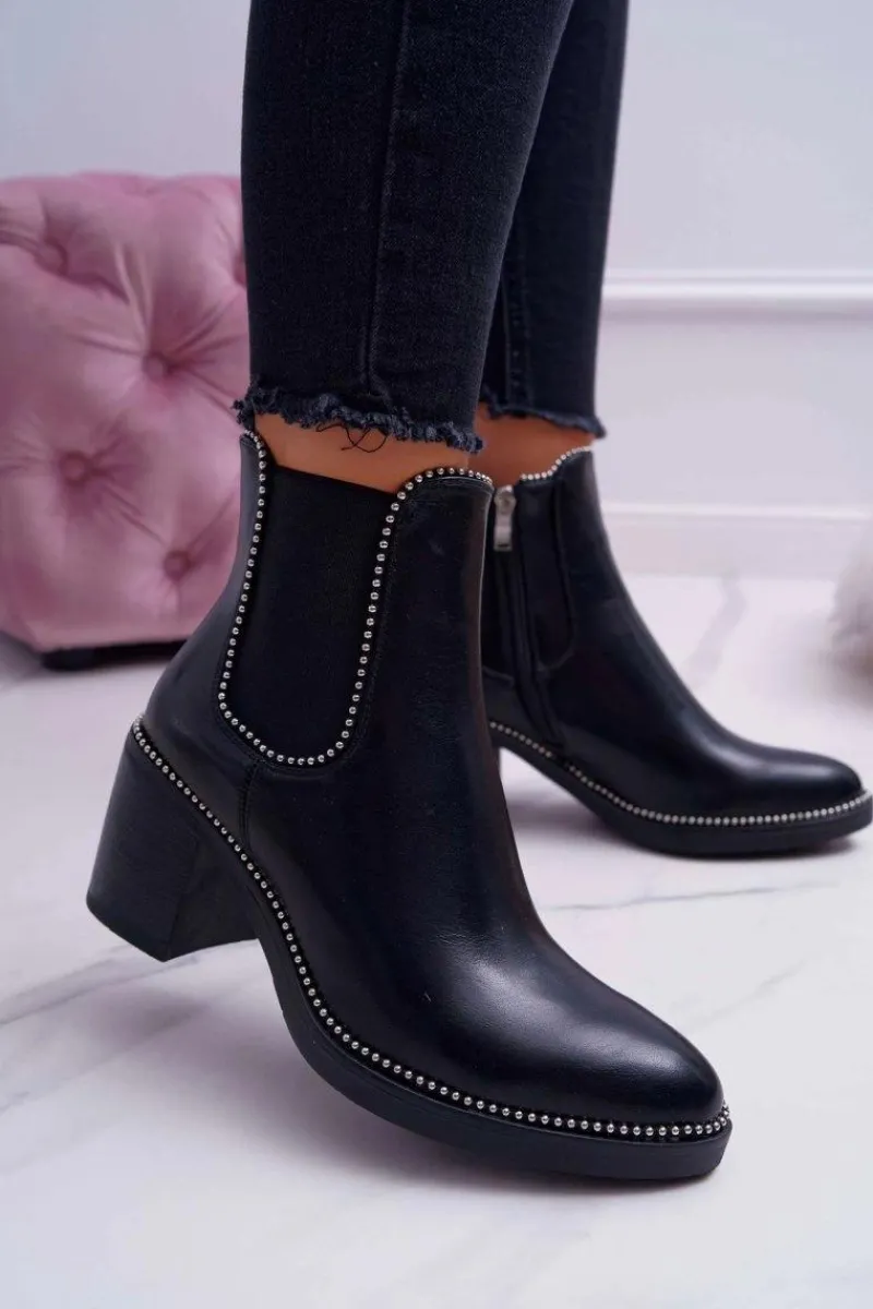 Botki Na Słupku|Botki Zimowe Damskie>Boto Botki Damskie Na Obcasie Z Dżetami Czarne Rhythmic