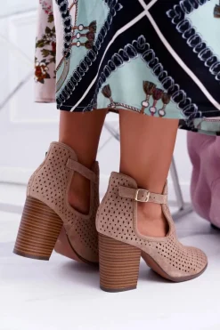 Clearance Botki Damskie Na Obcasie Wiosenne Ażurowe Beżowe GoodDay Damskie Botki Wiosenne|Botki Na Słupku