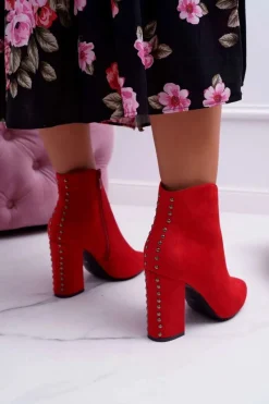 Discount Botki Damskie Na Obcasie Z Nitami W Szpic Czerwone Snack Damskie Botki Na Słupku|Botki Zimowe Damskie