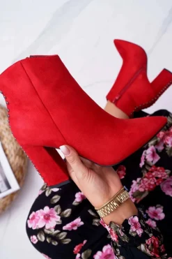 Discount Botki Damskie Na Obcasie Z Nitami W Szpic Czerwone Snack Damskie Botki Na Słupku|Botki Zimowe Damskie