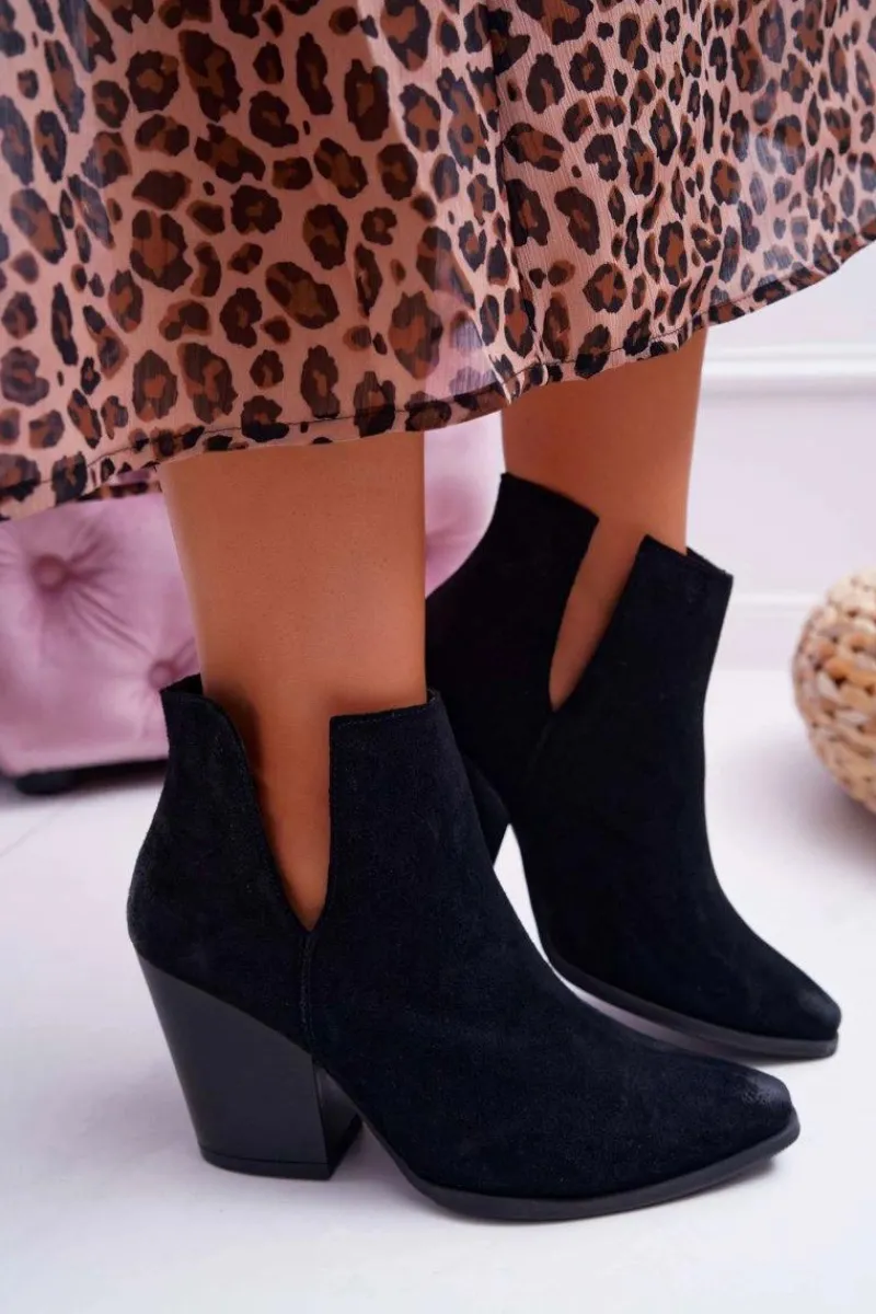 Botki Damskie Na Obcasie Wiosenne Skóra Zamsz Czarne Nicole 2430 Damskie Botki Wiosenne|Botki Na Słupku