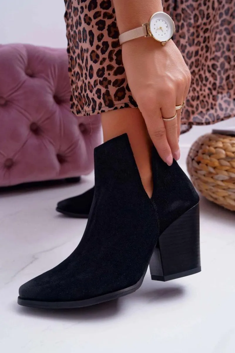 Botki Damskie Na Obcasie Wiosenne Skóra Zamsz Czarne Nicole 2430 Damskie Botki Wiosenne|Botki Na Słupku