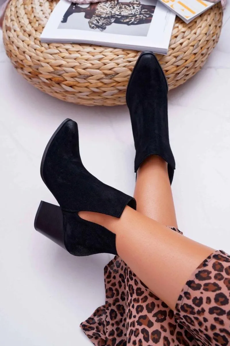 Botki Damskie Na Obcasie Wiosenne Skóra Zamsz Czarne Nicole 2430 Damskie Botki Wiosenne|Botki Na Słupku