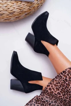 Botki Damskie Na Obcasie Wiosenne Skóra Zamsz Czarne Nicole 2430 Damskie Botki Wiosenne|Botki Na Słupku