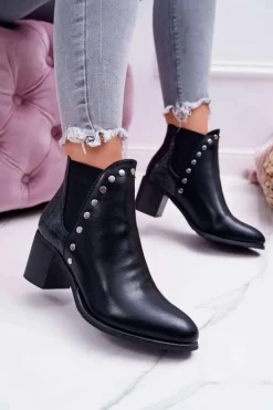 New Boto Botki Damskie Na Obcasie Z Gumkami Czarne Vista