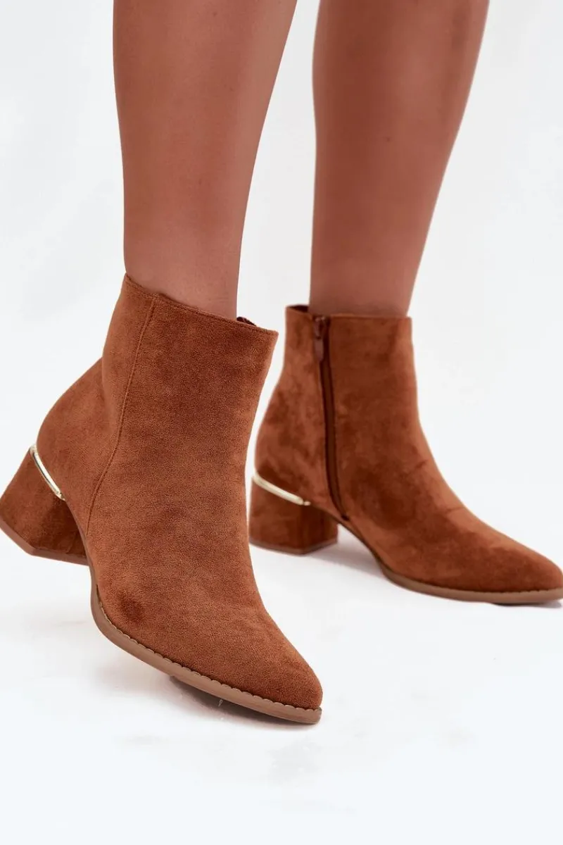 Botki Na Słupku|Botki Zimowe Damskie>Boto Botki Damskie Na Obcasie Ze Złotym Elementem Ocieplane Camel Nolessa