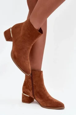 Botki Na Słupku|Botki Zimowe Damskie>Boto Botki Damskie Na Obcasie Ze Złotym Elementem Ocieplane Camel Nolessa