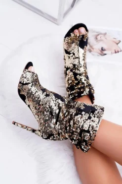 Clearance Botki Damskie Na Obcasie Eleganckie z Cekinami Złote Harley Damskie Botki Na Obcasie|Czarne Botki