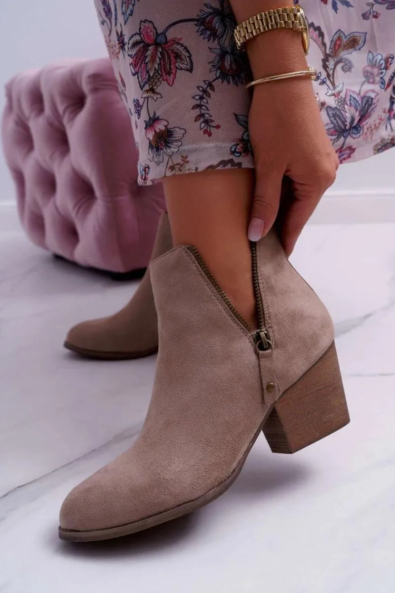 New Botki Damskie Na Obcasie Suwak Zamszowe Beżowe Farre Damskie Botki Na Słupku|Botki Na Obcasie